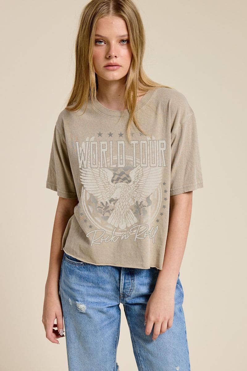 World Tour Rock N Roll Eagle Graphic Faux Crop Tee