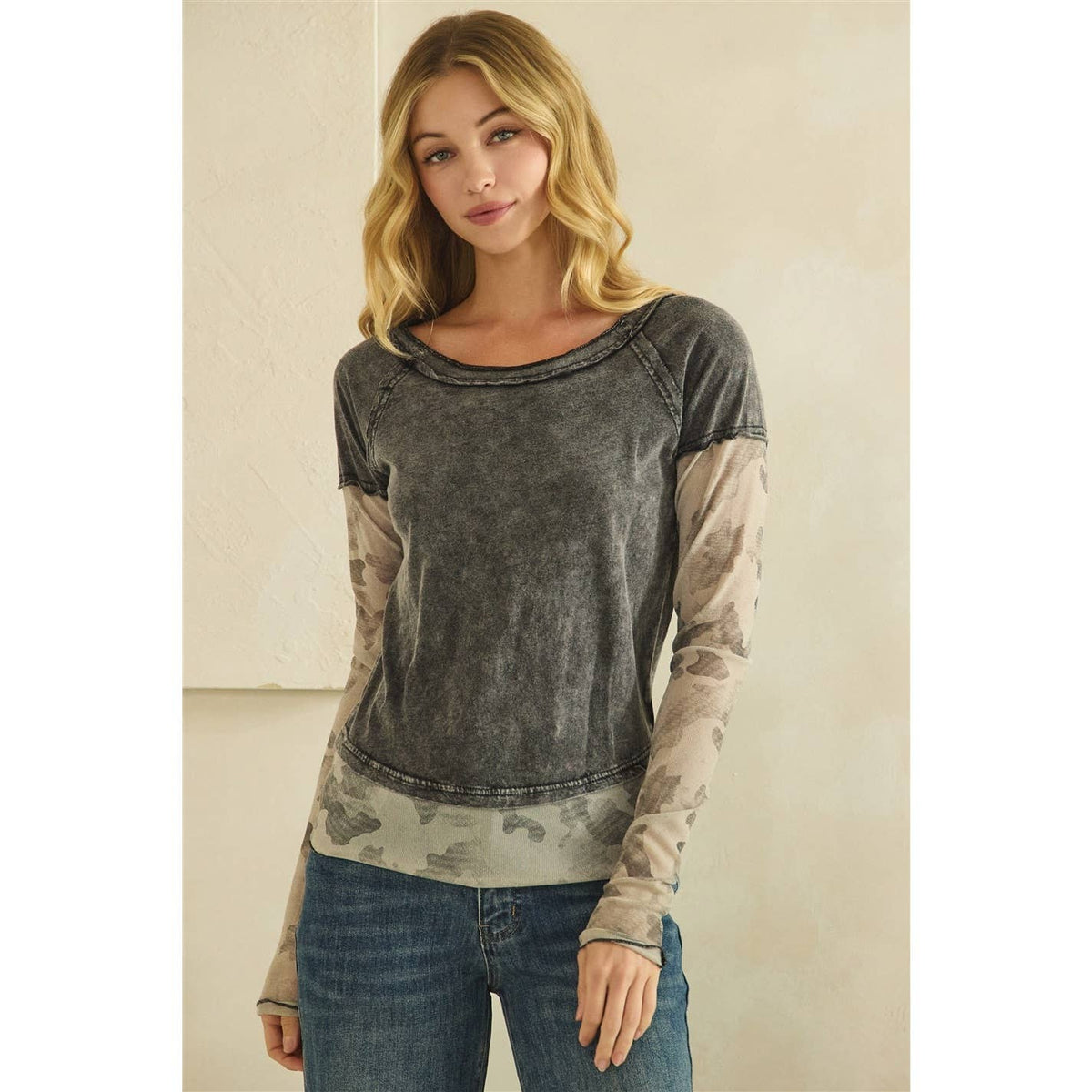 CAMOUFLAGE PRINT MIX LAYERED LOOK PULL OVER