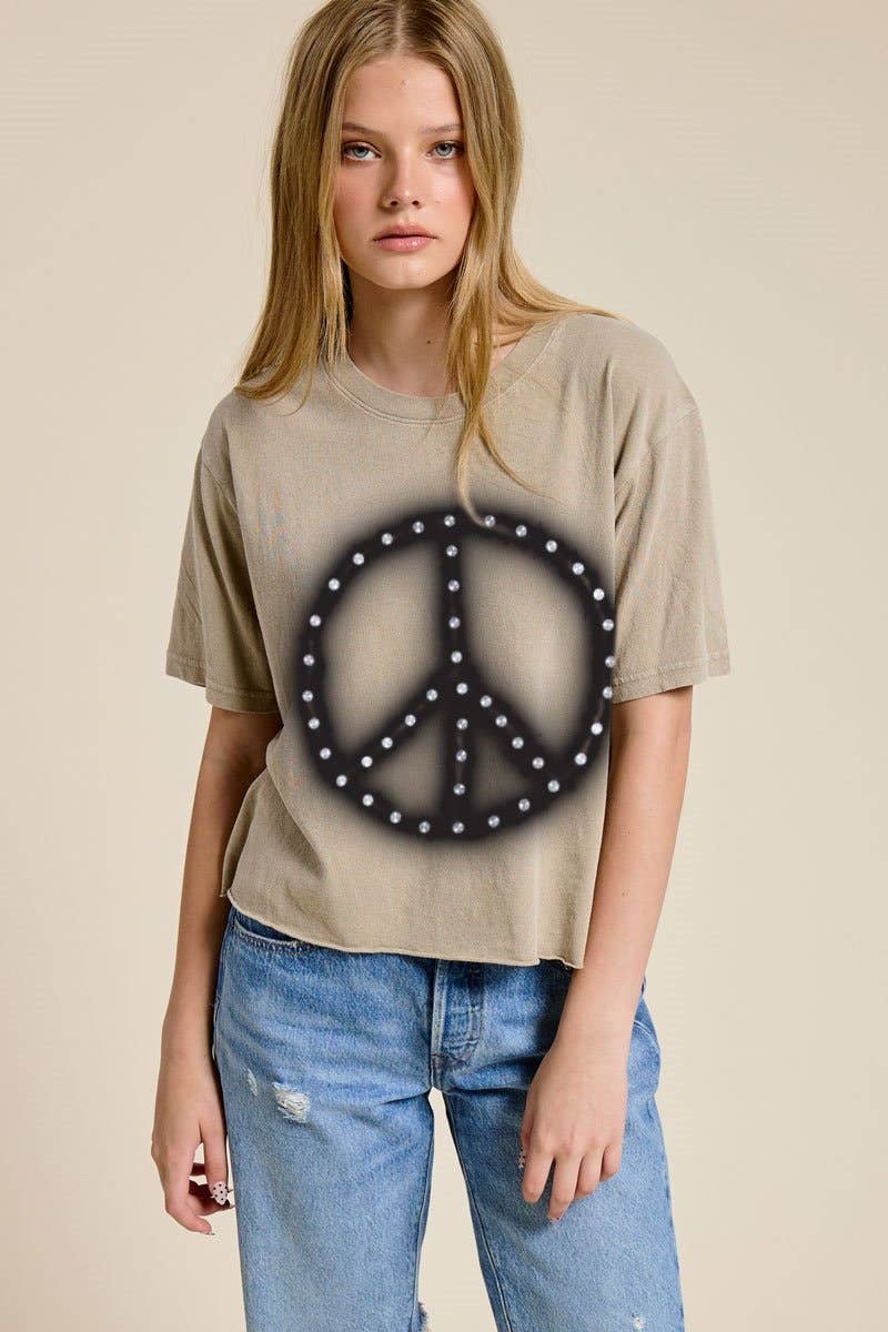 PUFF' Brush Peace Graphic Raw Hem Faux Crop Tee