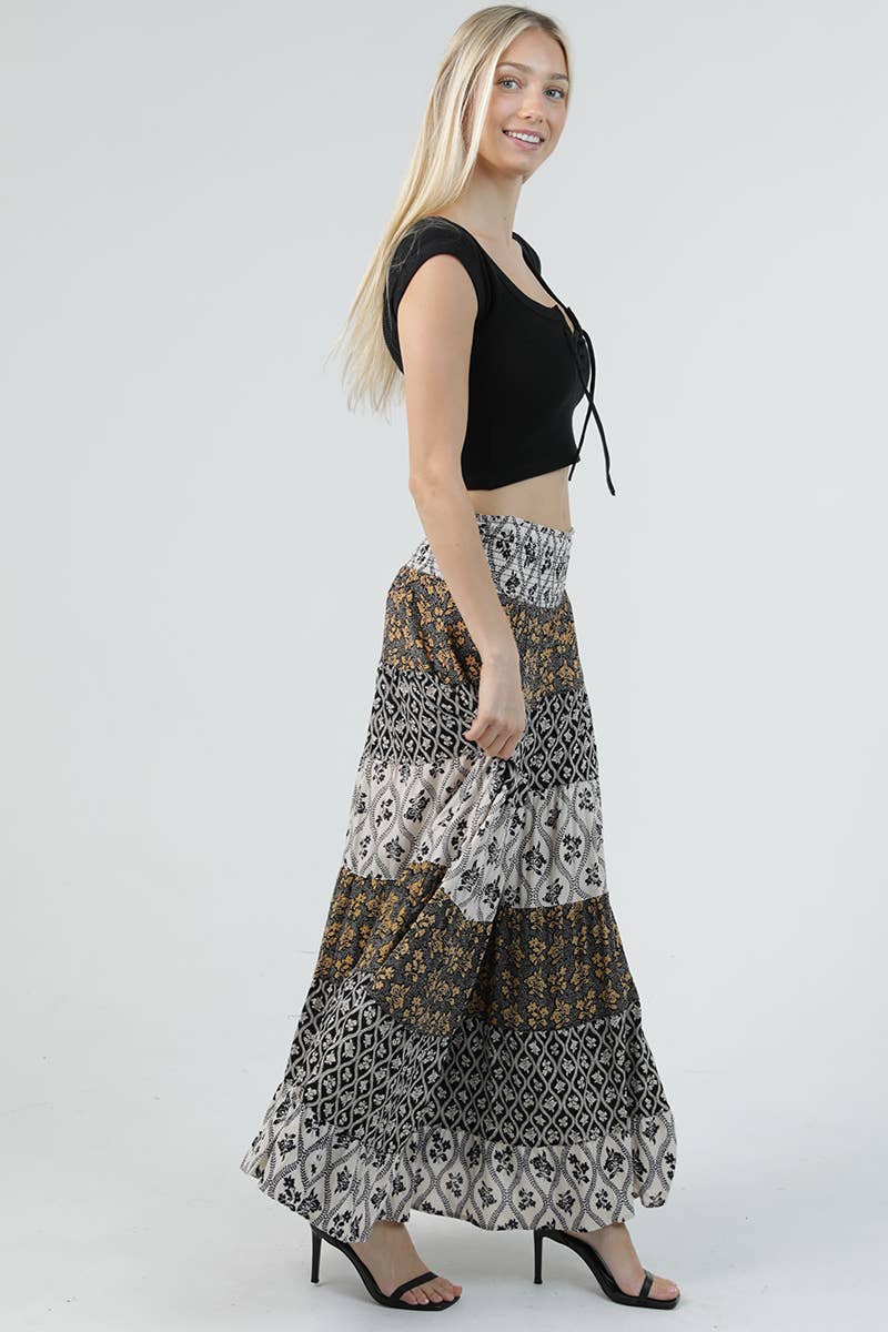 26P57-AA04 MIX PRINT TIERED A LINE SMOCKED WAISTBAND MAXI SK