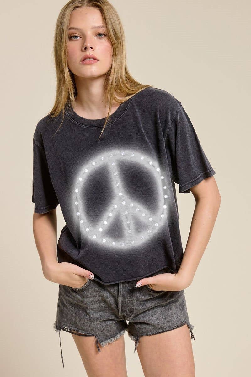 PUFF' Brush Peace Graphic Raw Hem Faux Crop Tee