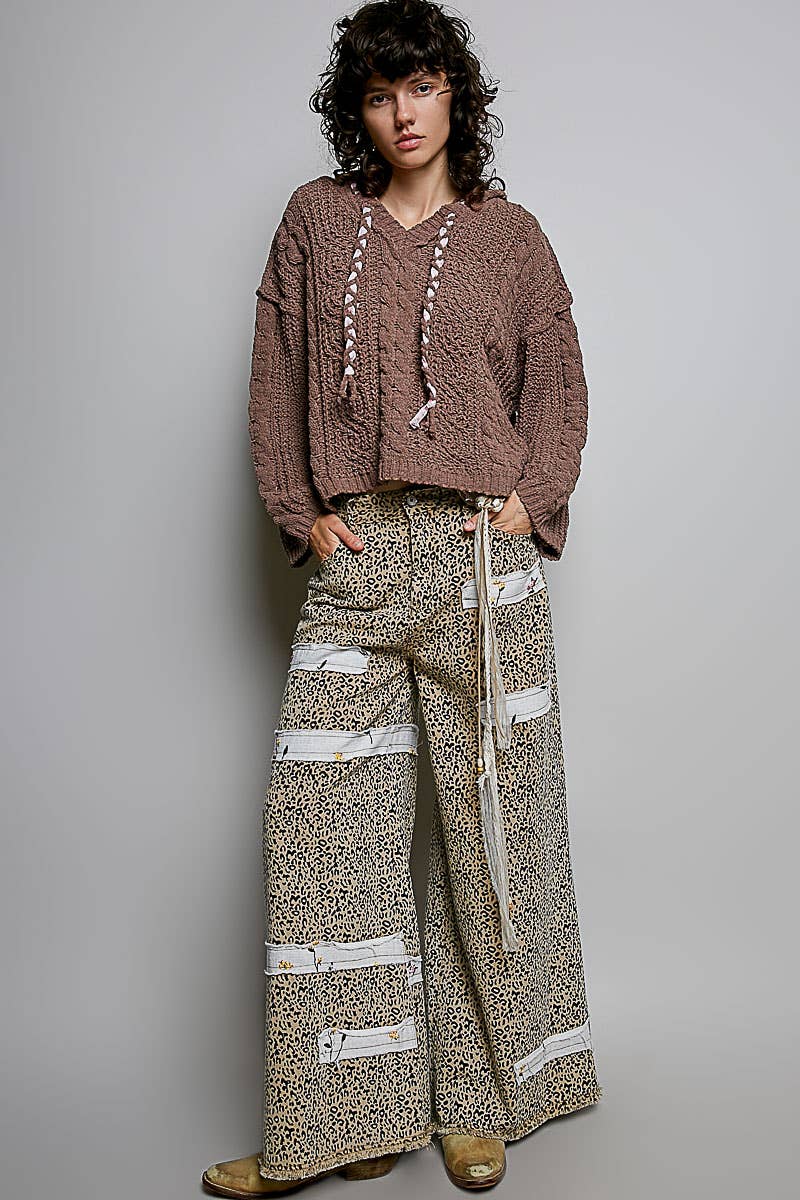 Oversize Fit V-neck Hooded Cable Knit Chenille Sweater SALE