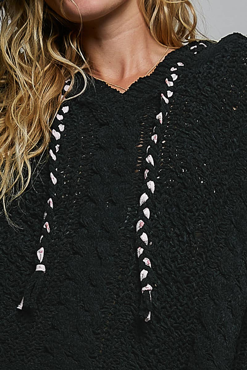 Oversize Fit V-neck Hooded Cable Knit Chenille Sweater SALE