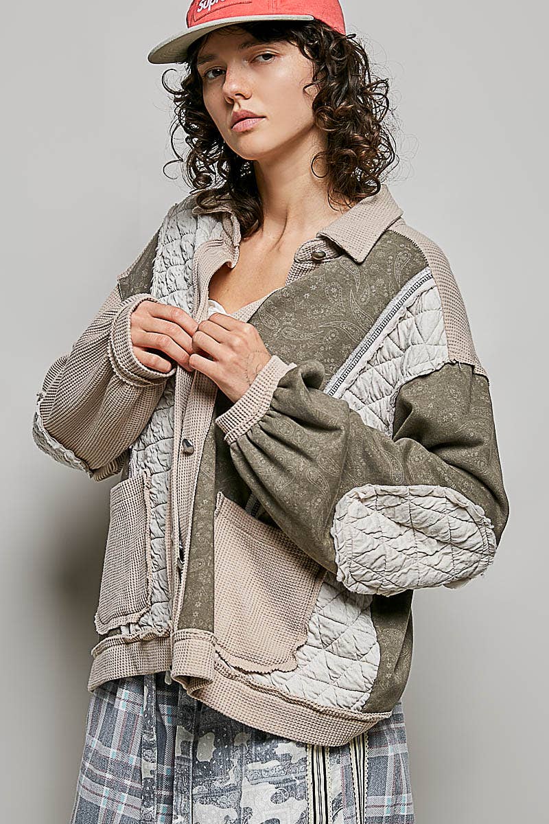 Floral Animal Print Contrast Color Block Quilted Jacket SALE