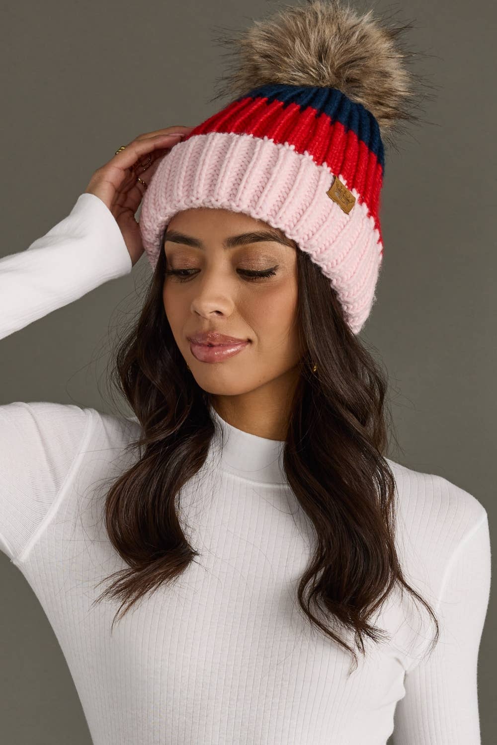 Navy, Red & Pink Color Block Pom Hat