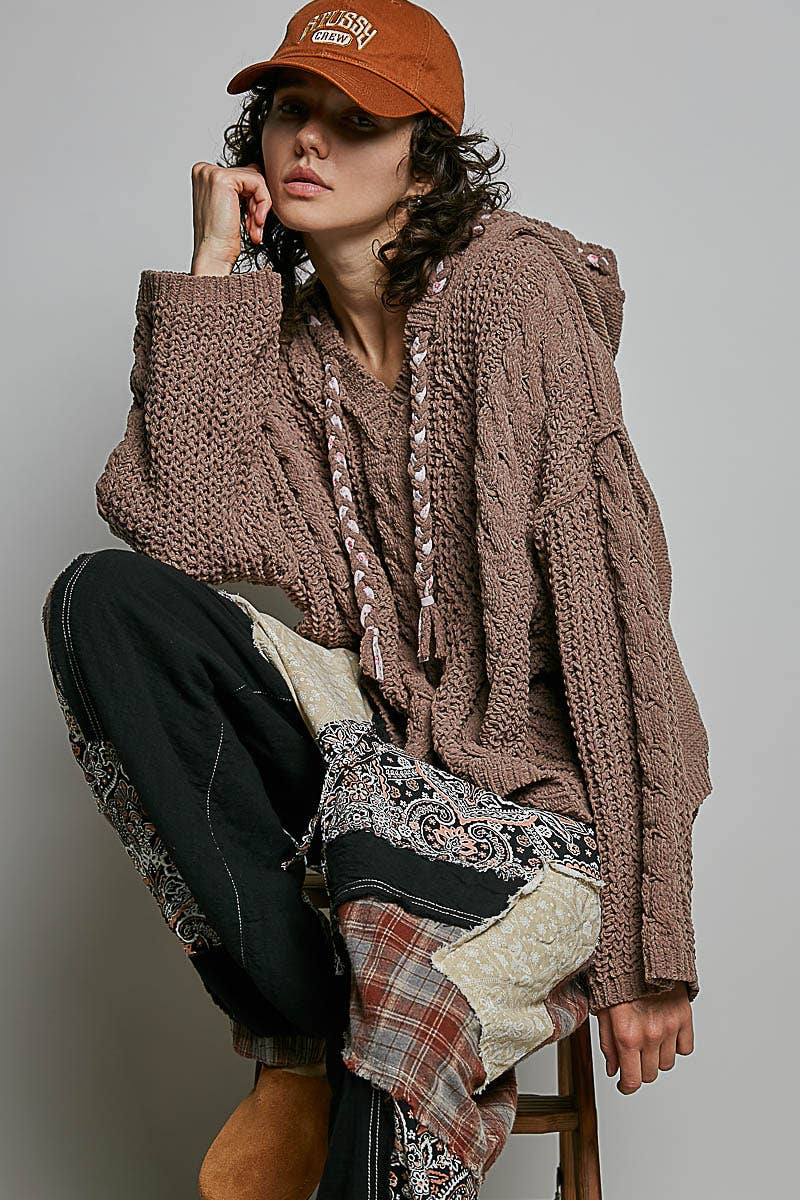 Oversize Fit V-neck Hooded Cable Knit Chenille Sweater SALE