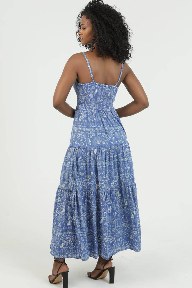 F4K71-WB34 V NECK SMOCKED BODICE MAXI DRESS