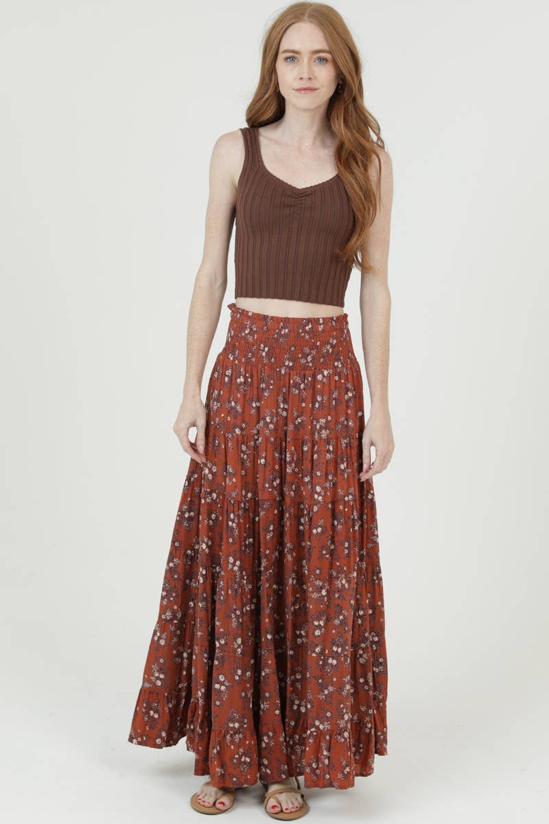 26P57-WA40 DITSY PRINT SMOCKED WAIST TIERED MAXI SKIRT