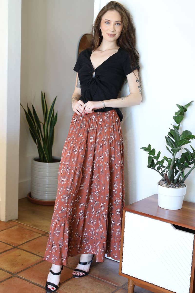 26P57-WA40 DITSY PRINT SMOCKED WAIST TIERED MAXI SKIRT