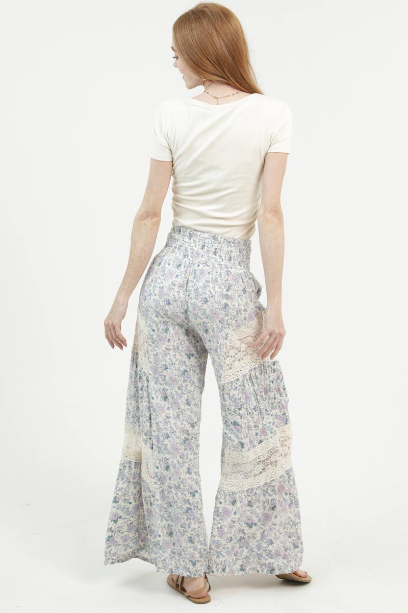 B3808-FR53 LACE INSETS WIDE LEG FLORAL PRINT PANTS