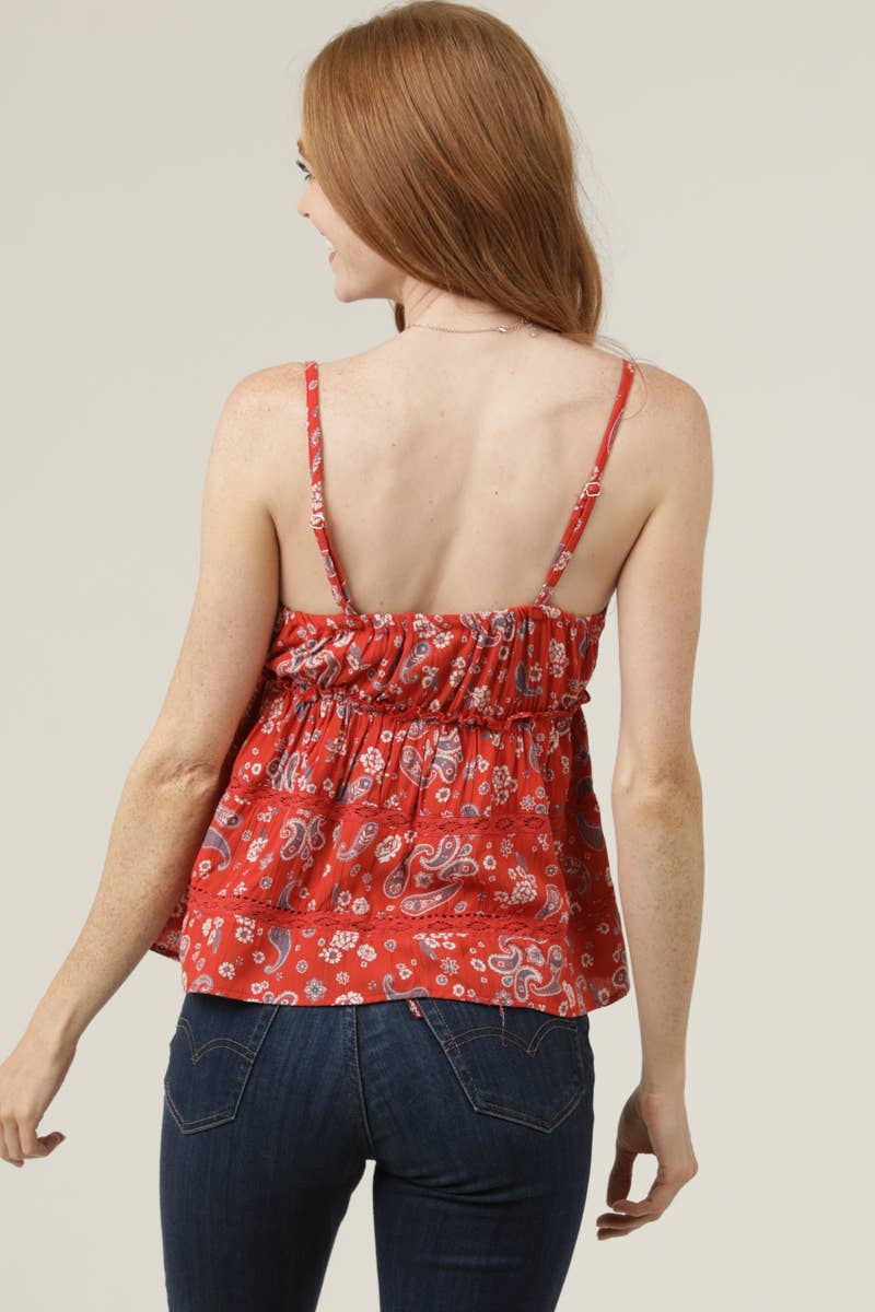 C2C99-WA73 V NECK LACE TRIM PAISLEY PRINT CAMI TANK TOP