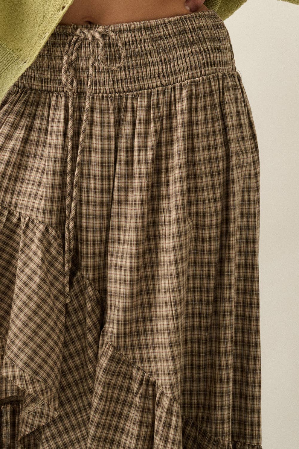 Plaid Asymmetrical High-Low Smocked Ruffle Maxi Skirt