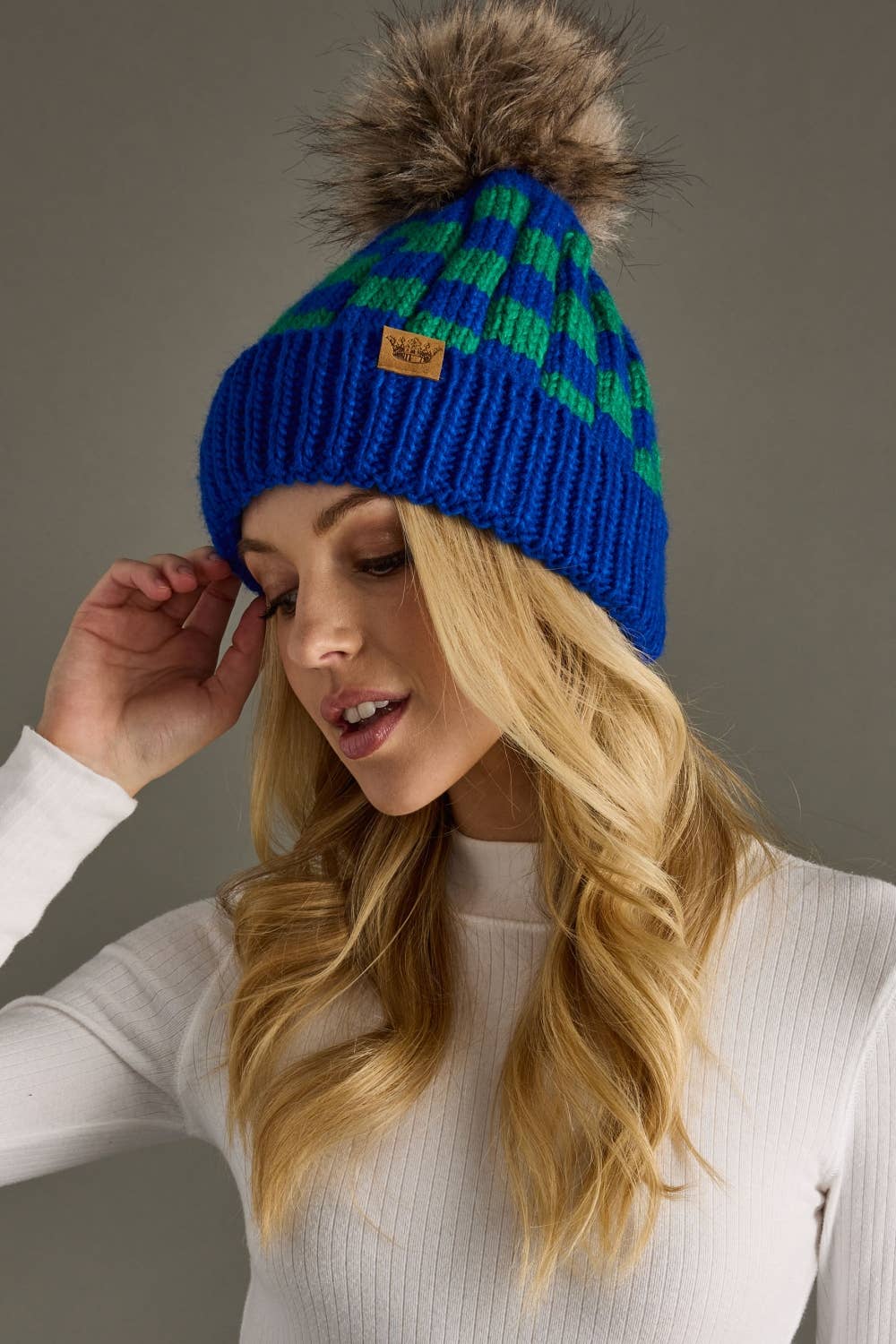 Blue & Green Checkered Pom Hat