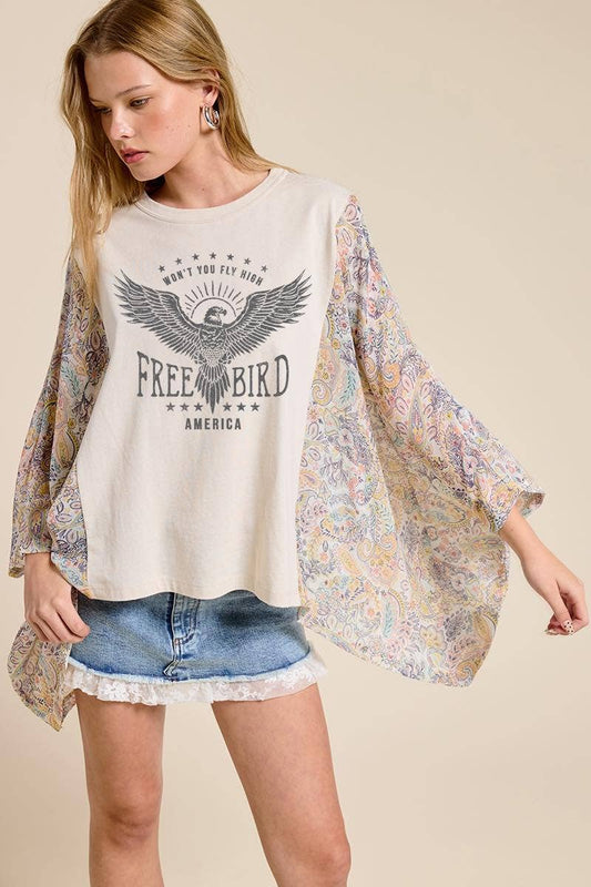 Free Bird America Graphic Boho Contrast Poncho Top