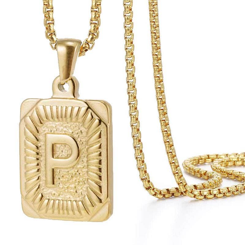 18K Gold Plated Stainless Steel Rectangle Initial Necklace