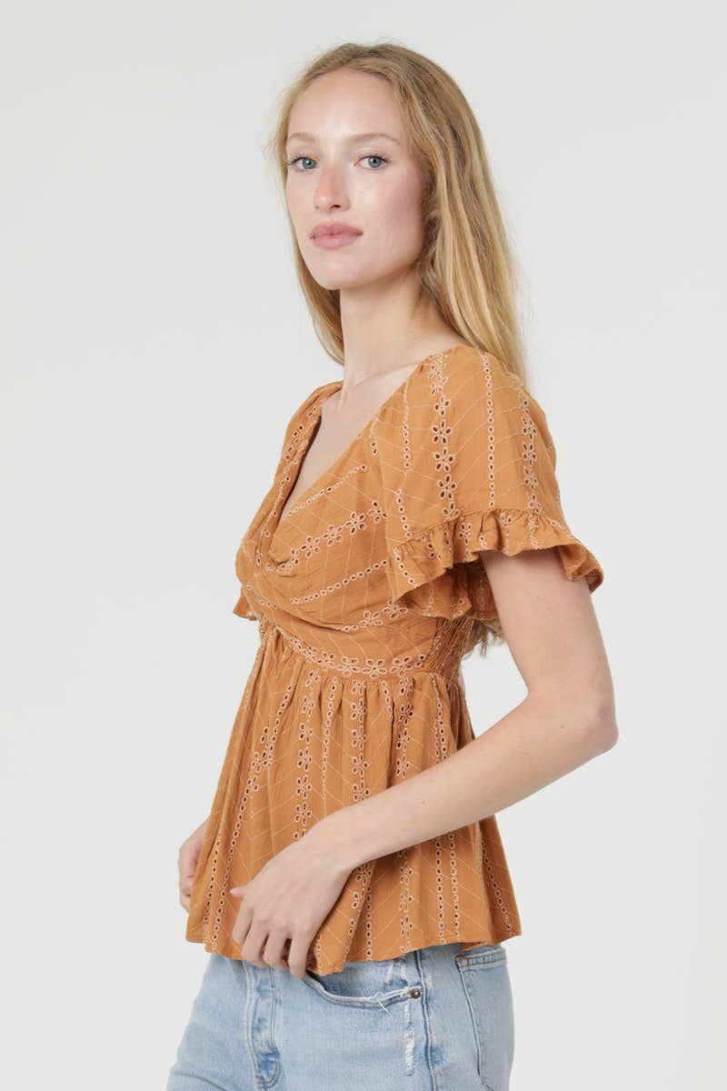 C2186-EM08 EYELET EMBROIDERED TWIST FRONT BLOUSE