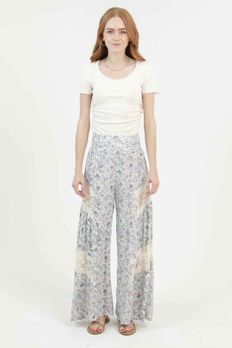 B3808-FR53 LACE INSETS WIDE LEG FLORAL PRINT PANTS
