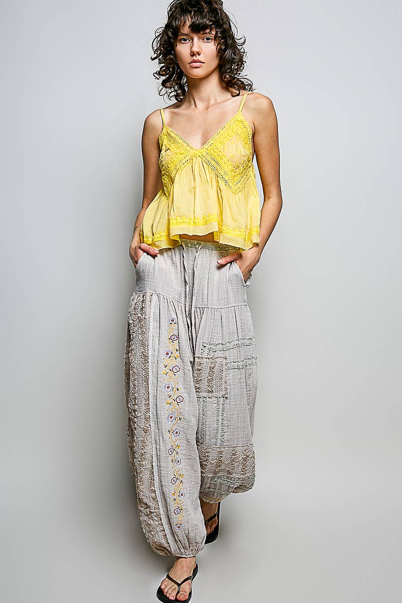 V-neck Sleeveless Washing Effect Embroidered Woven Top