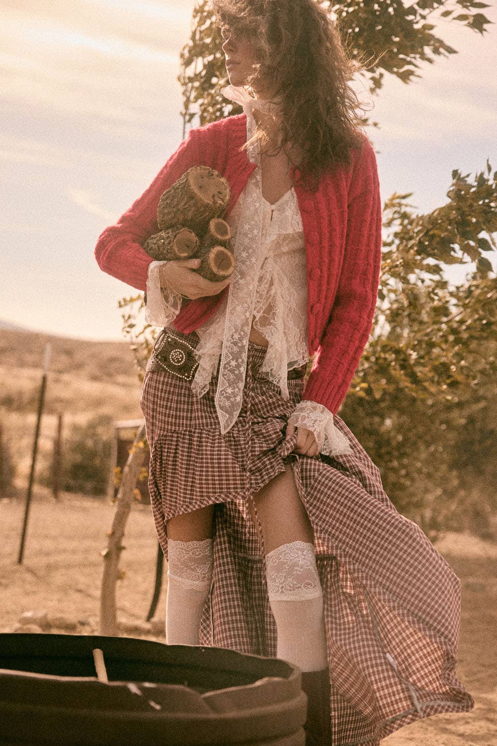 Plaid Asymmetrical High-Low Smocked Ruffle Maxi Skirt