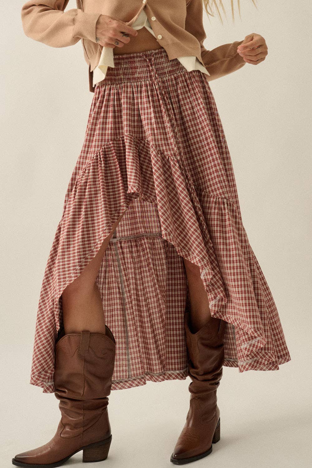 Plaid Asymmetrical High-Low Smocked Ruffle Maxi Skirt