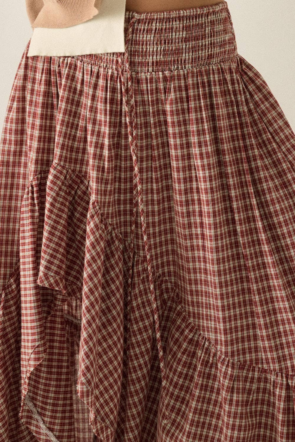 Plaid Asymmetrical High-Low Smocked Ruffle Maxi Skirt