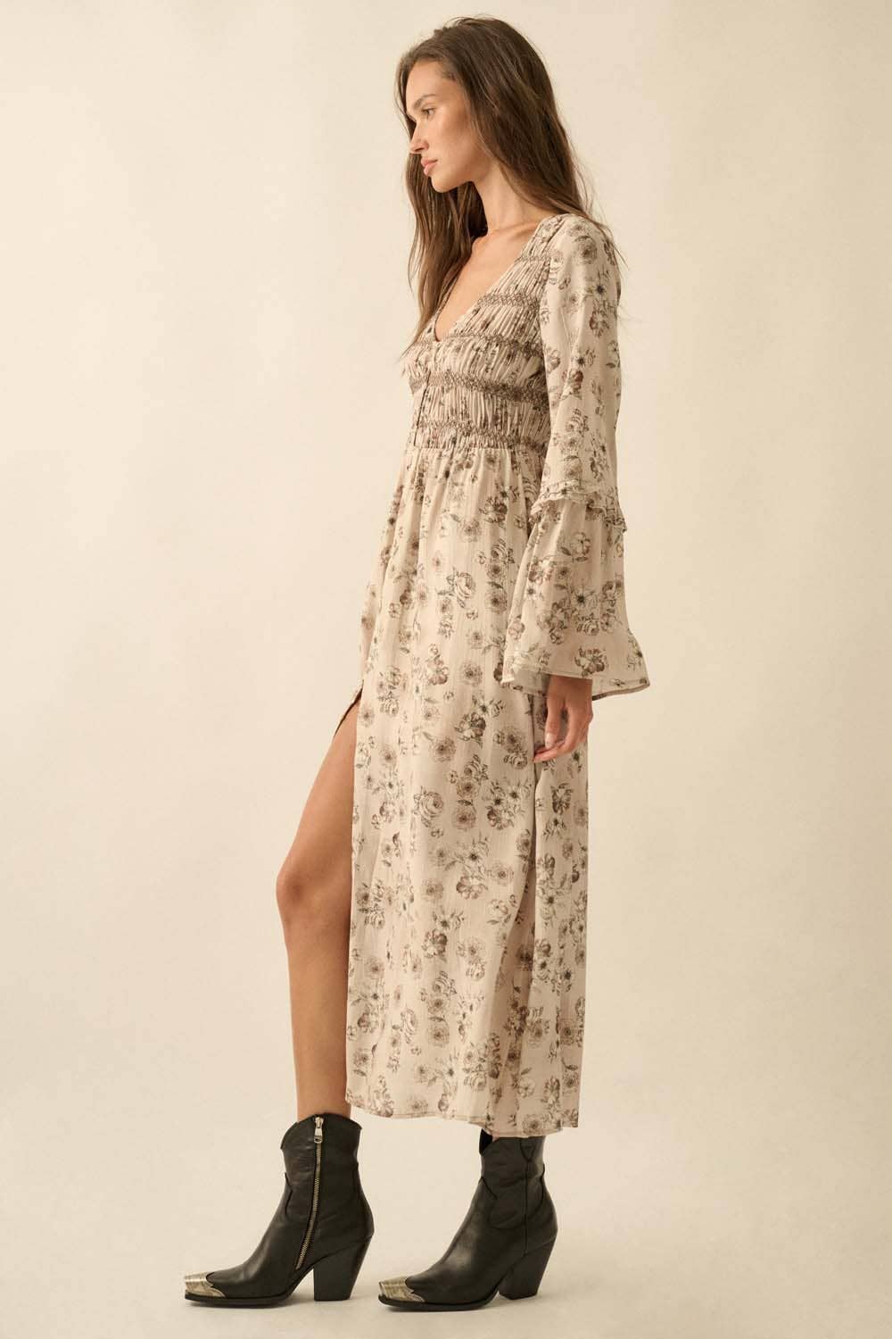 Floral Bubble-Sleeve Smocked Midi Dress