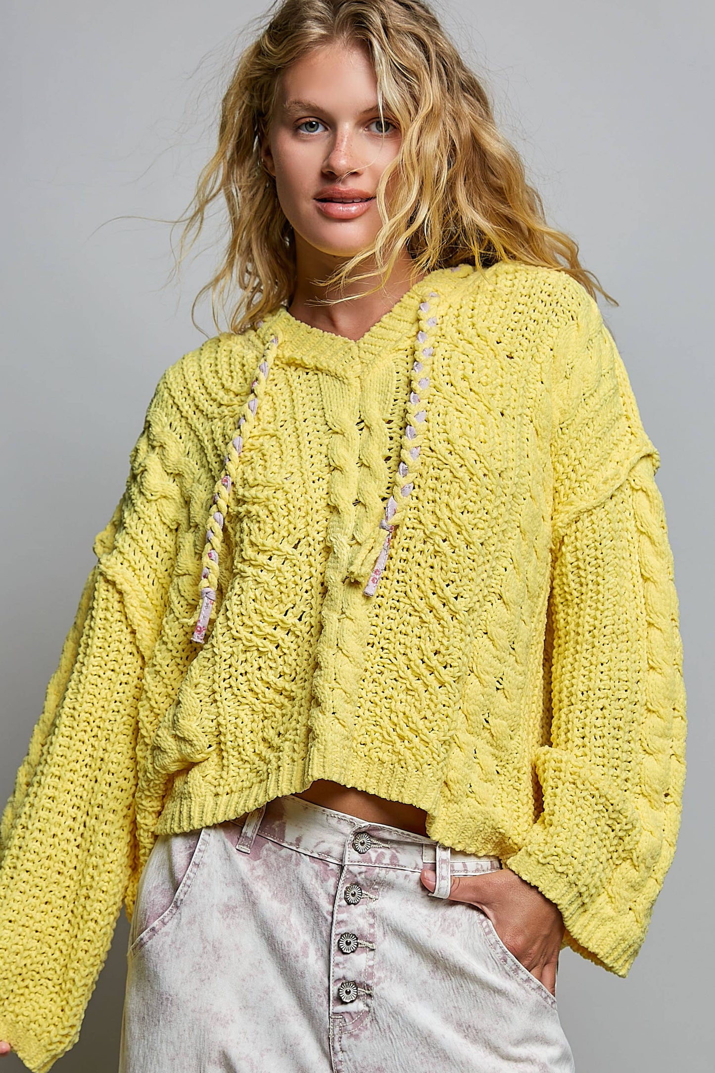 Oversize Fit V-neck Hooded Cable Knit Chenille Sweater SALE