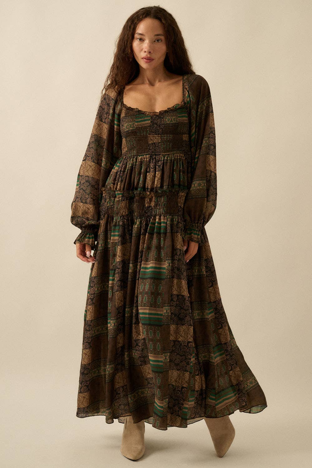 Patchwork-Print Smocked Bubble-Sleeve Midi Dress