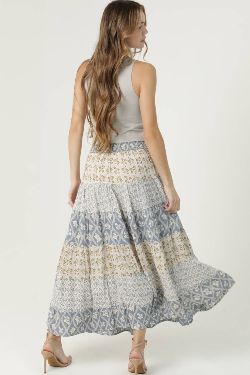 26P57-AA04 MIX PRINT TIERED A LINE SMOCKED WAISTBAND MAXI SK