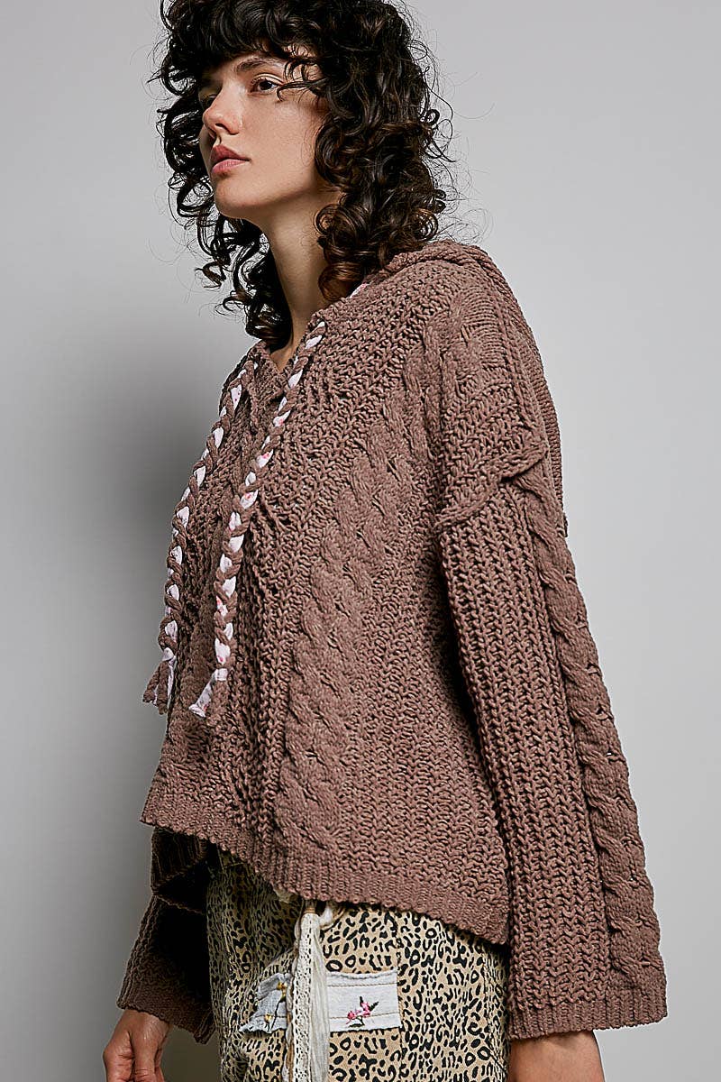 Oversize Fit V-neck Hooded Cable Knit Chenille Sweater SALE