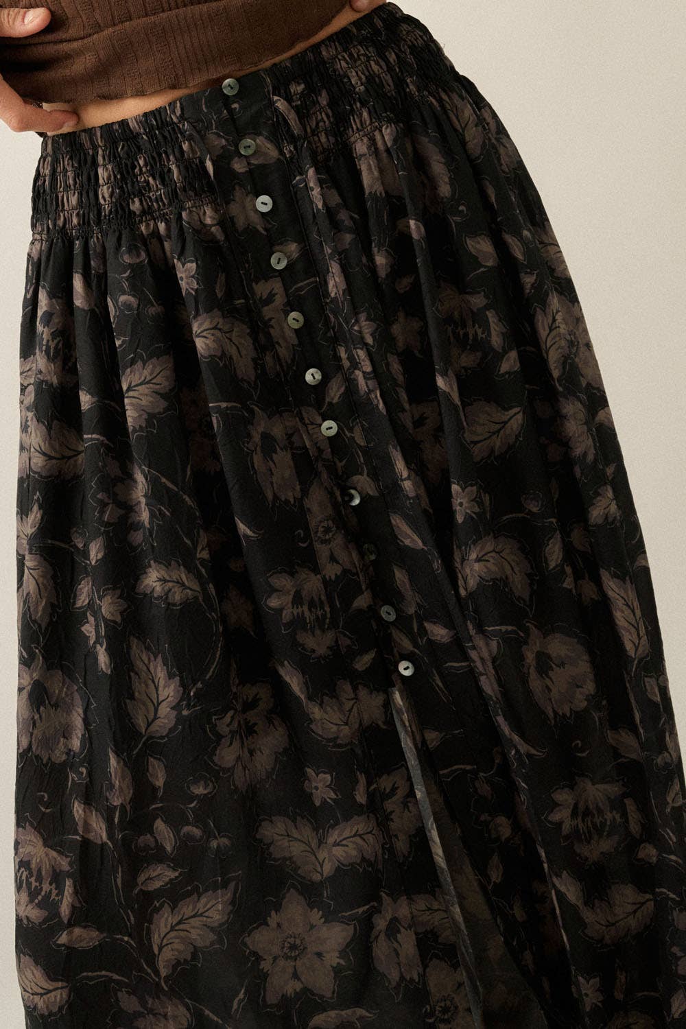 Floral-Print Button-Front Drawstring Ruffle Maxi Skirt
