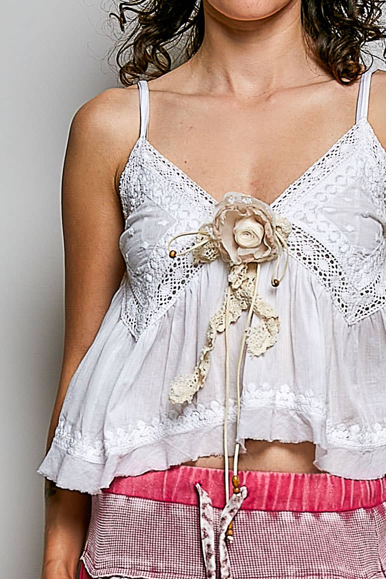 V-neck Sleeveless Washing Effect Embroidered Woven Top