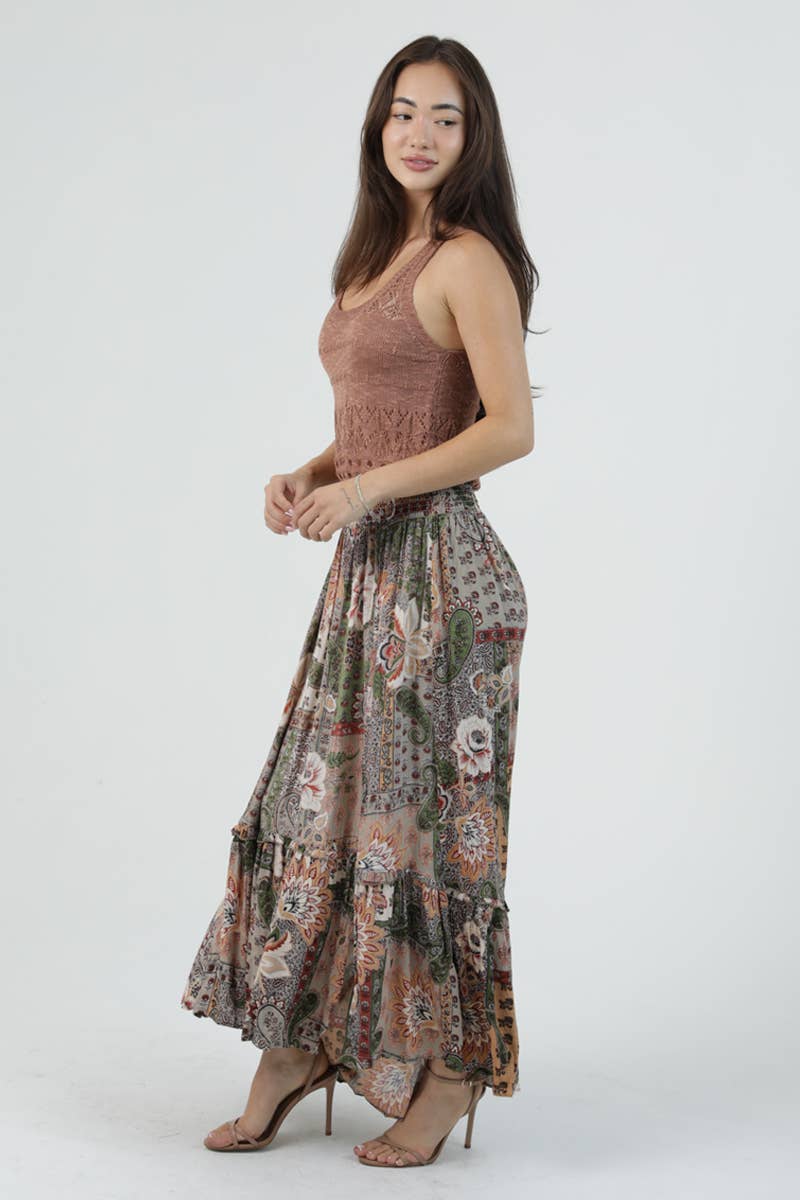 B6A21-W909 SMOCKED WAIST SKIRT WITH SLIT
