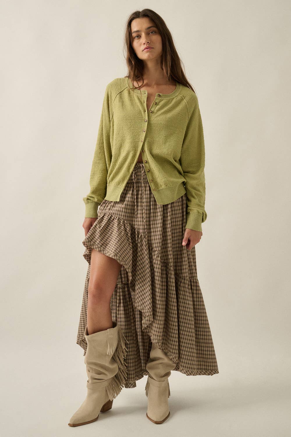 Plaid Asymmetrical High-Low Smocked Ruffle Maxi Skirt
