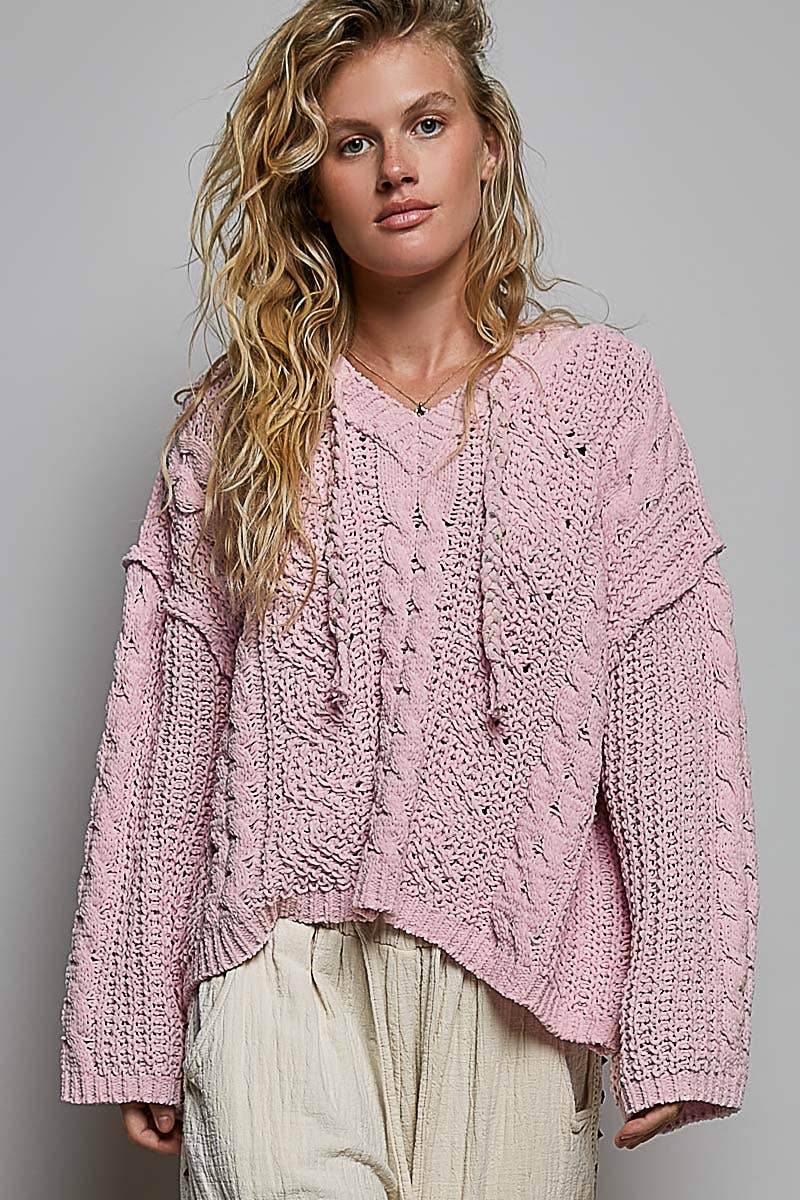 Oversize Fit V-neck Hooded Cable Knit Chenille Sweater SALE