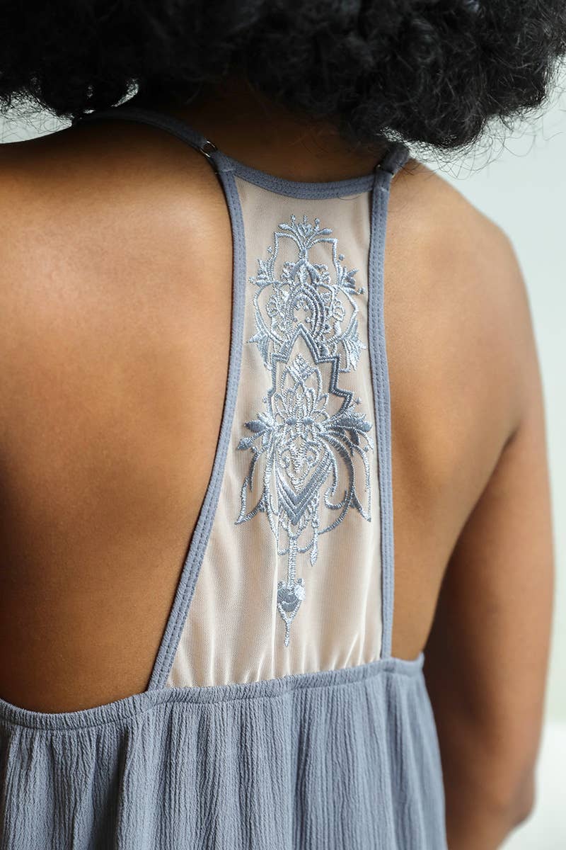 Ruffled Trim Tattoo Mesh Back Slip Dress