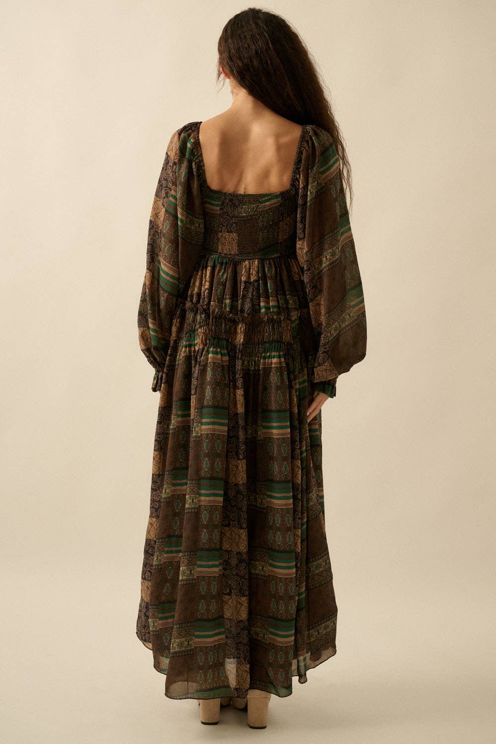 Patchwork-Print Smocked Bubble-Sleeve Midi Dress