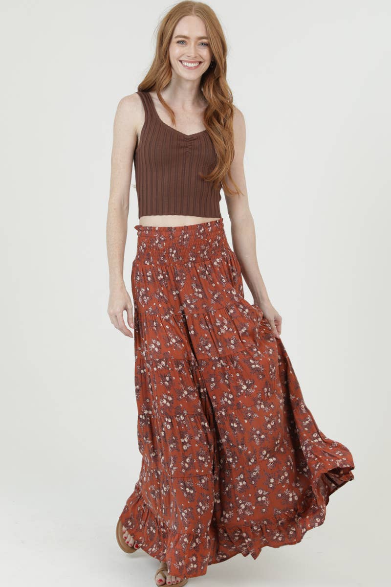 26P57-WA40 DITSY PRINT SMOCKED WAIST TIERED MAXI SKIRT