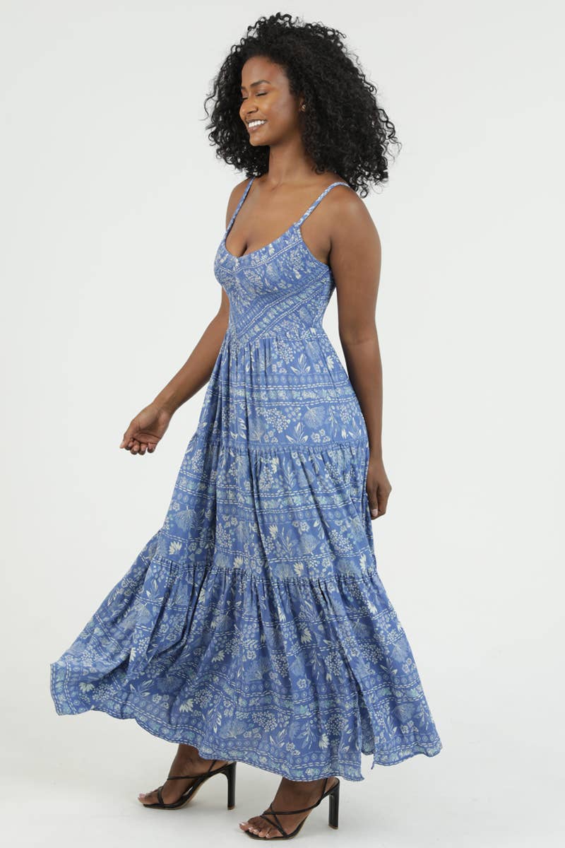 F4K71-WB34 V NECK SMOCKED BODICE MAXI DRESS