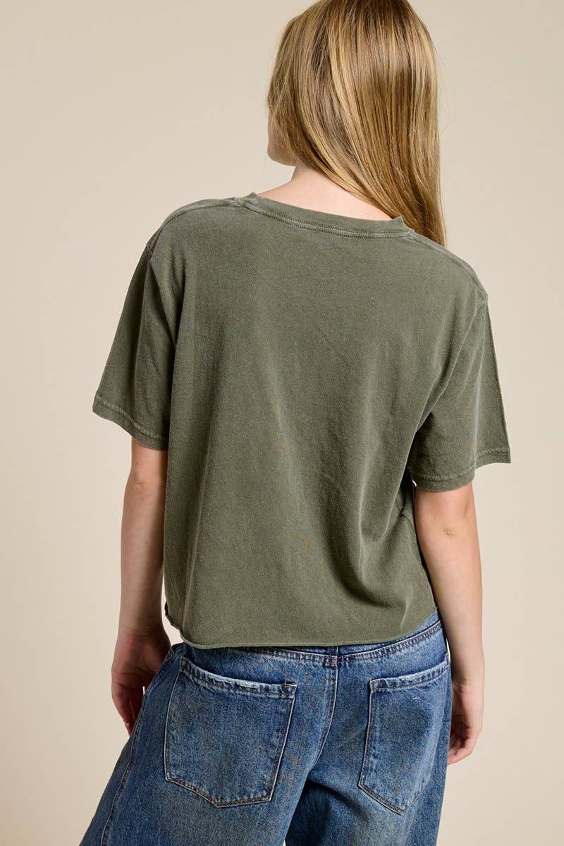 PUFF' Brush Peace Graphic Raw Hem Faux Crop Tee