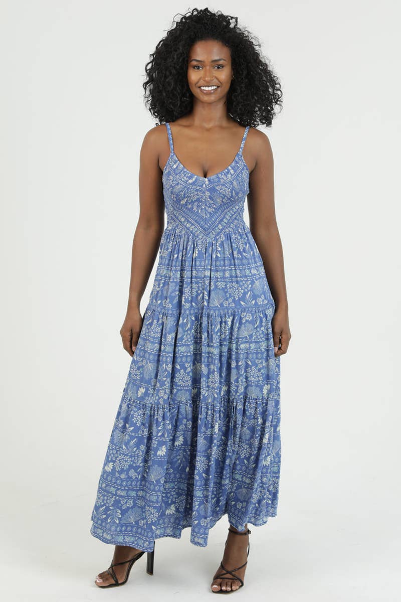 F4K71-WB34 V NECK SMOCKED BODICE MAXI DRESS