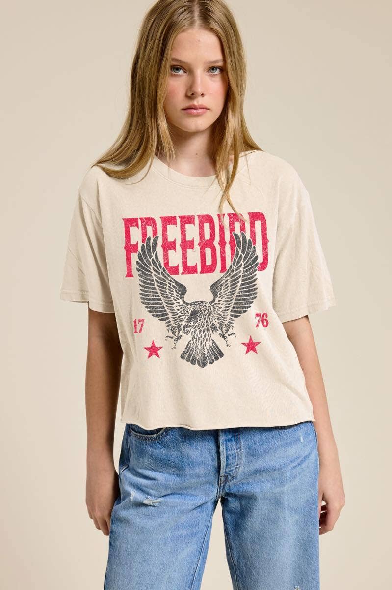 Free Bird 1776 Vintage Graphic Raw Hem Faux Crop Tee