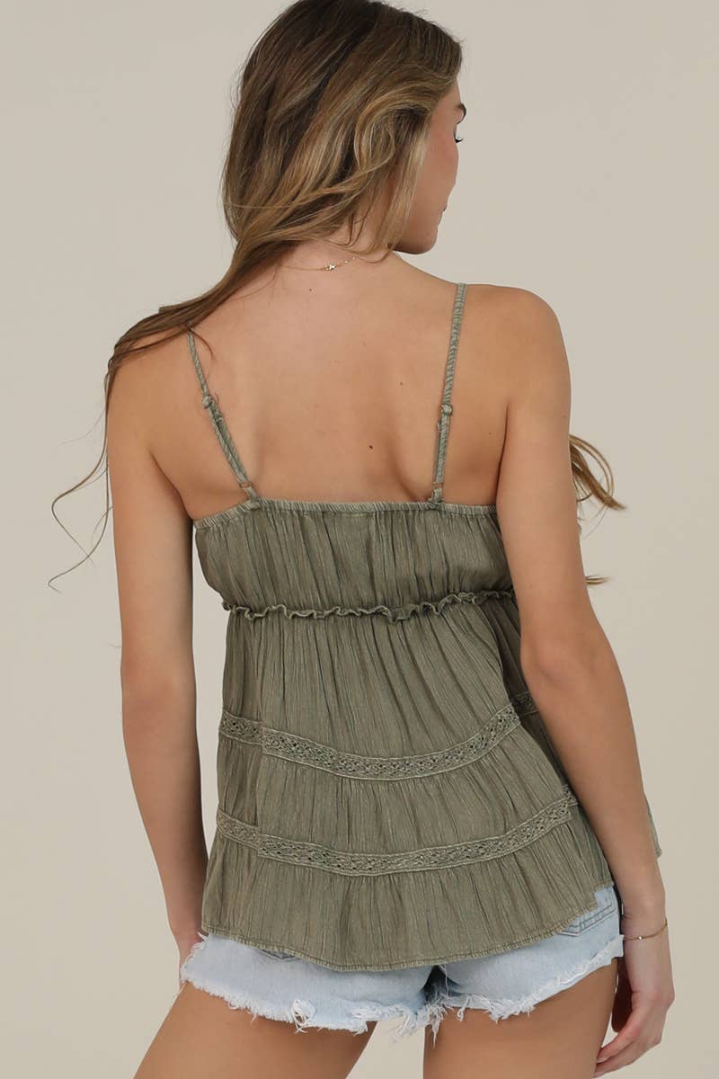 C2E35-ACID ACID WASH V NECK LACE TRIM TANK TOP