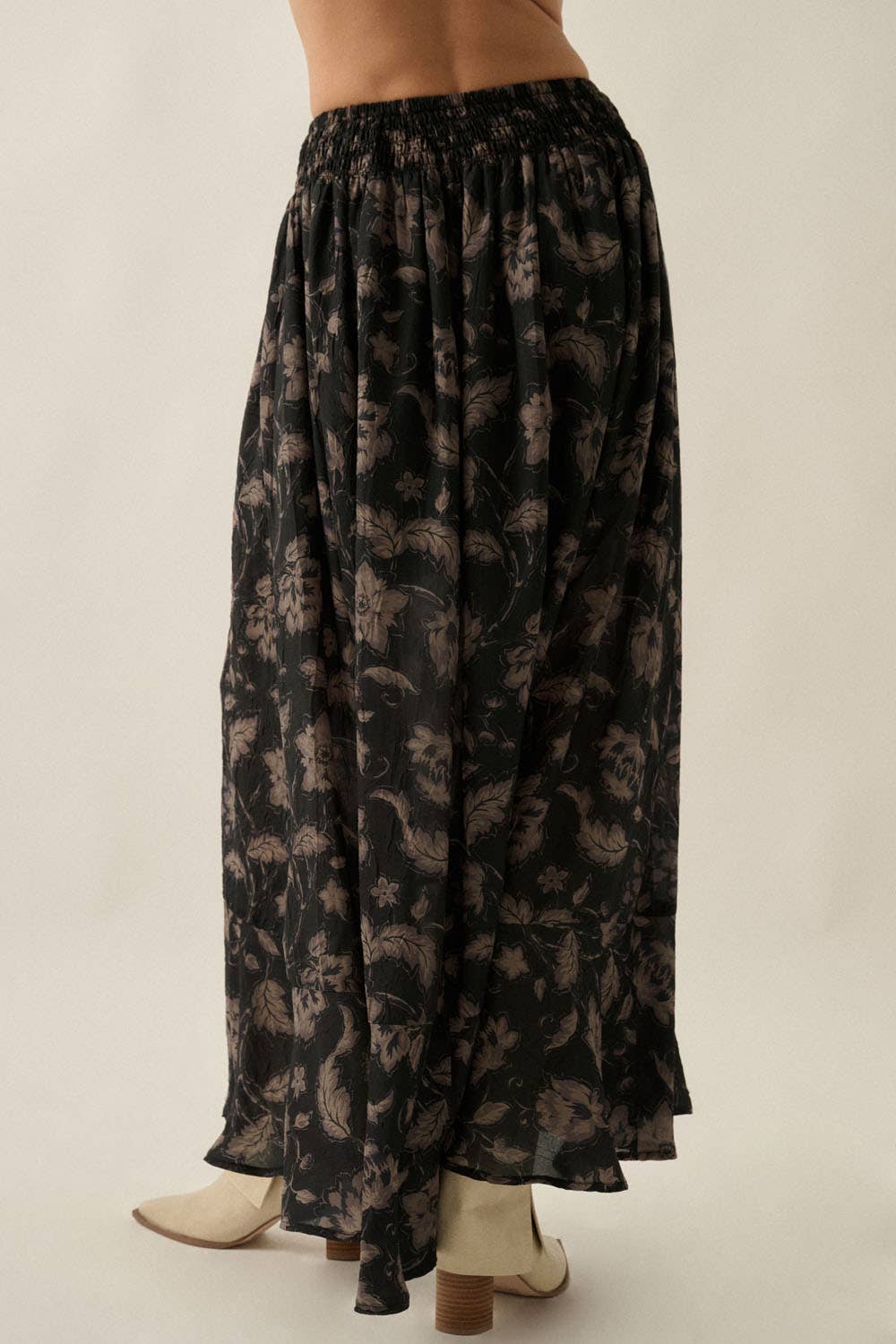 Floral-Print Button-Front Drawstring Ruffle Maxi Skirt