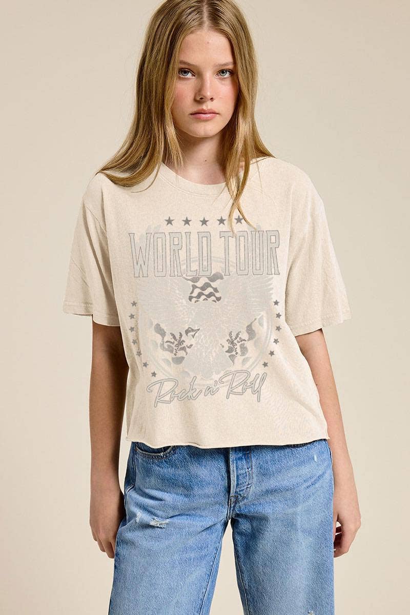 World Tour Rock N Roll Eagle Graphic Faux Crop Tee