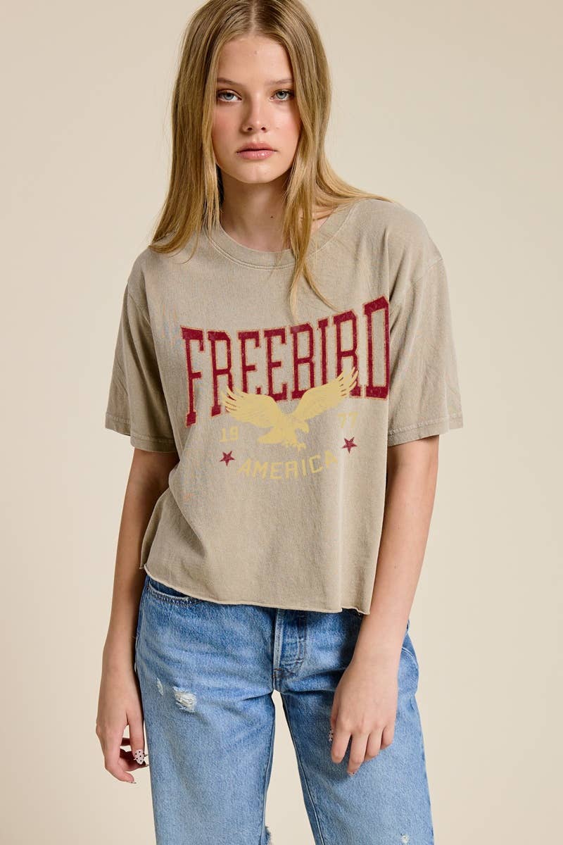 Free Bird America 1977 Graphic Raw Hem Faux Crop Tee