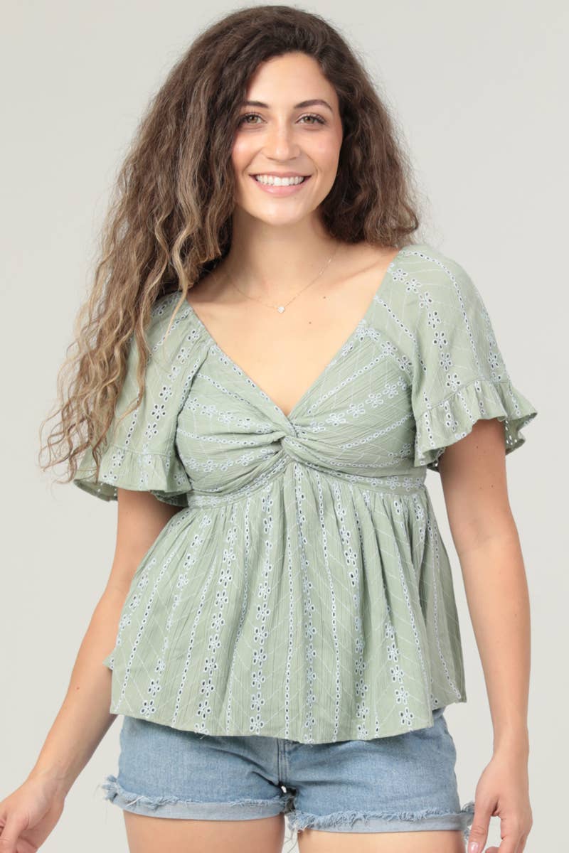 C2186-EM08 EYELET EMBROIDERED TWIST FRONT BLOUSE