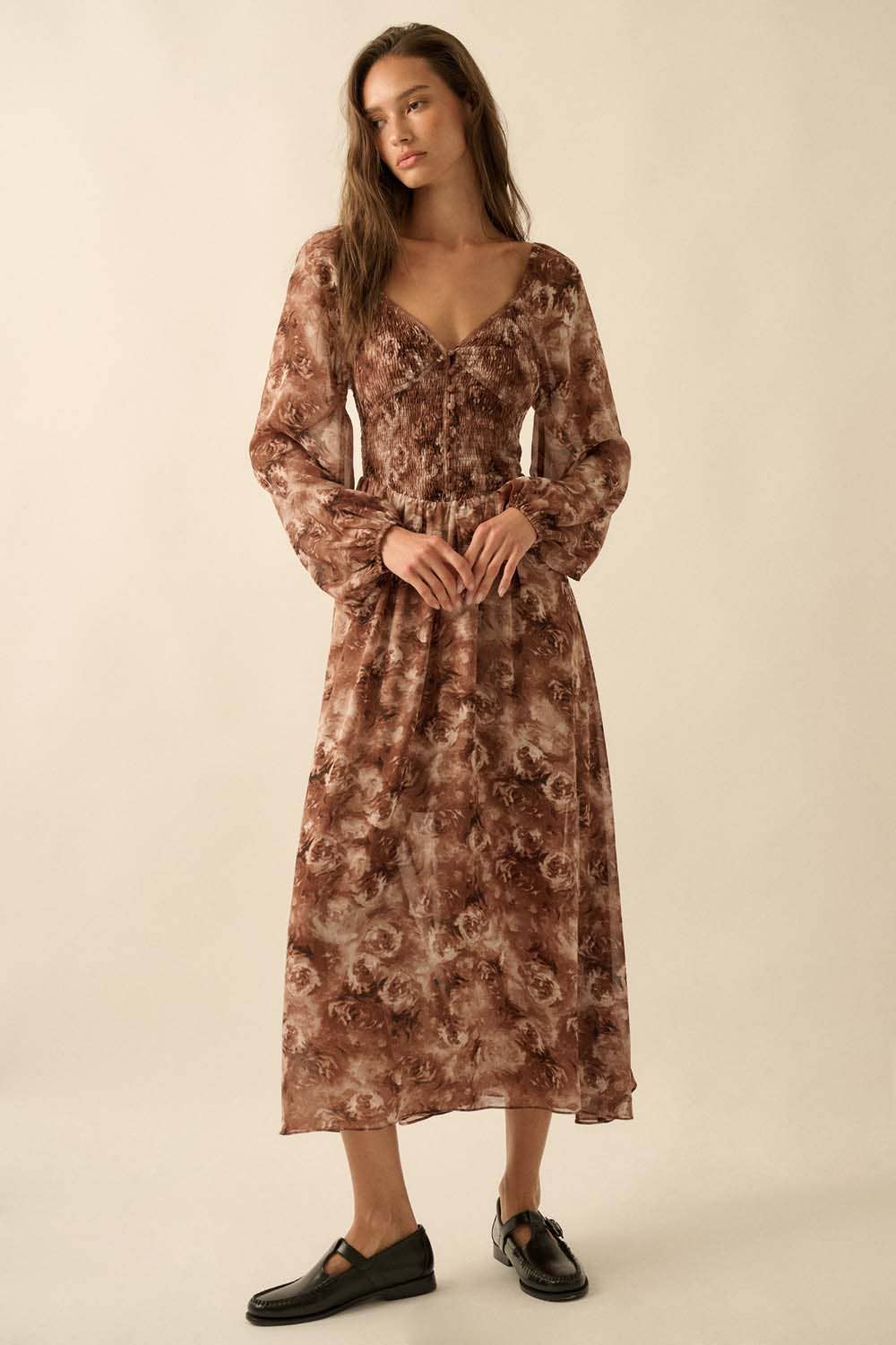 Floral Bubble-Sleeve Smocked Sweetheart Midi Dress