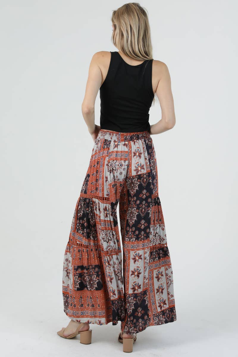 25R84-AA24 PRINTED WIDE LEG FLARE PANTS WITH LACE TRIM