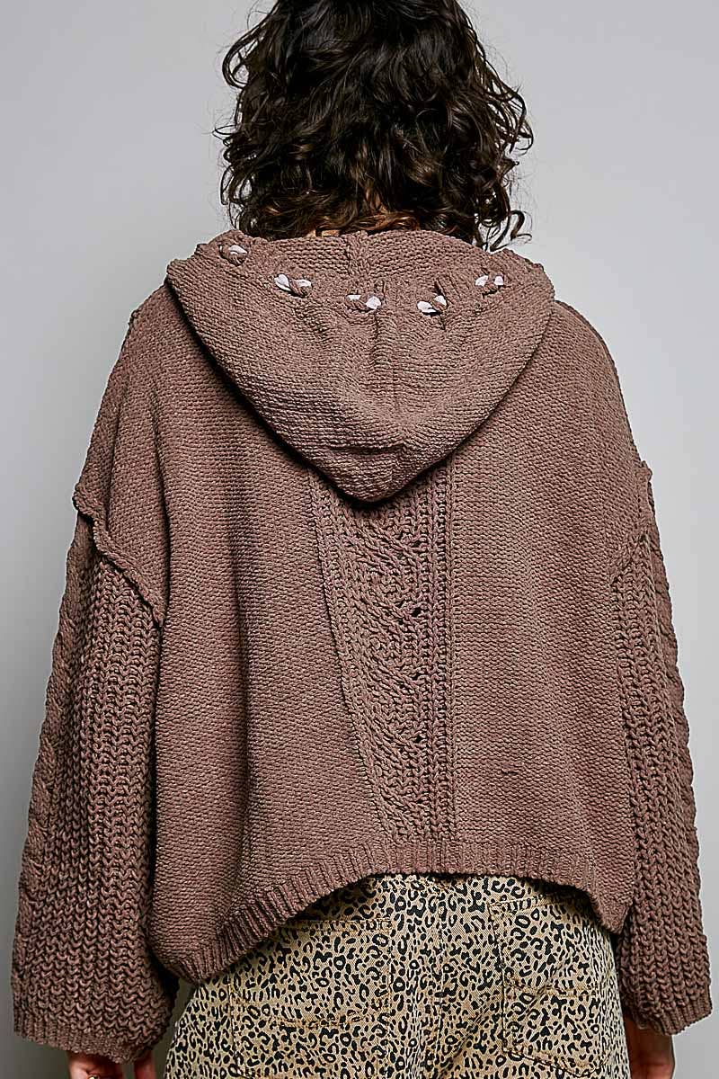 Oversize Fit V-neck Hooded Cable Knit Chenille Sweater SALE